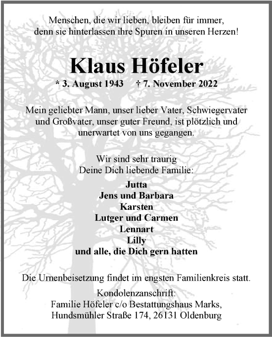 Traueranzeige von Klaus Höfeler von Nordwest-Zeitung