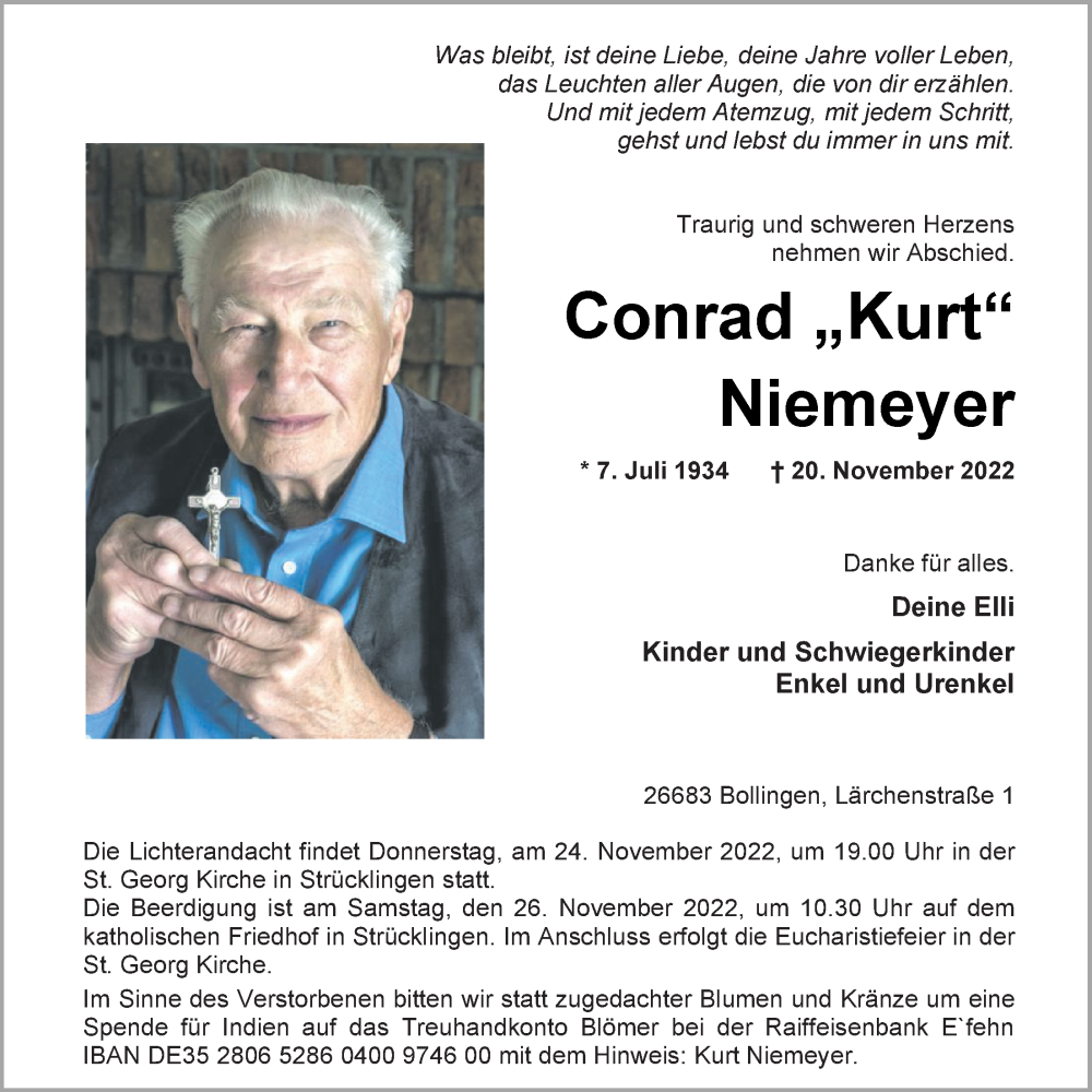  Traueranzeige für Kurt Niemeyer vom 23.11.2022 aus Nordwest-Zeitung