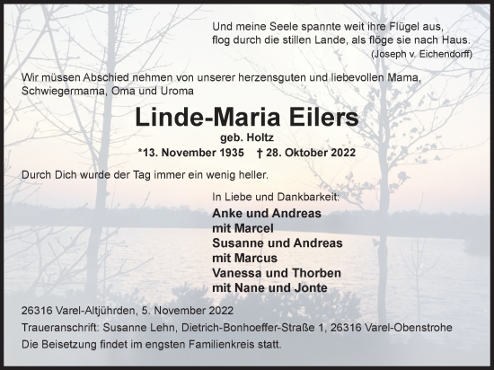 Traueranzeige von Linde-Maria Eilers von Nordwest-Zeitung