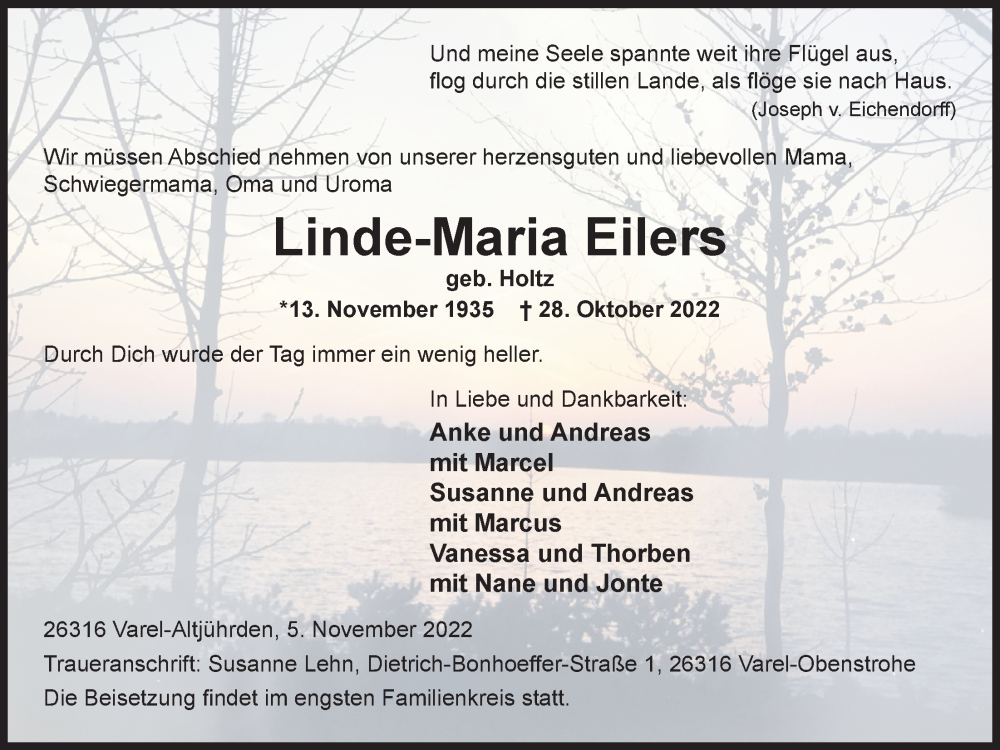  Traueranzeige für Linde-Maria Eilers vom 05.11.2022 aus Nordwest-Zeitung