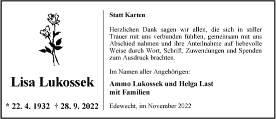 Traueranzeige von Lisa Lukossek von Nordwest-Zeitung