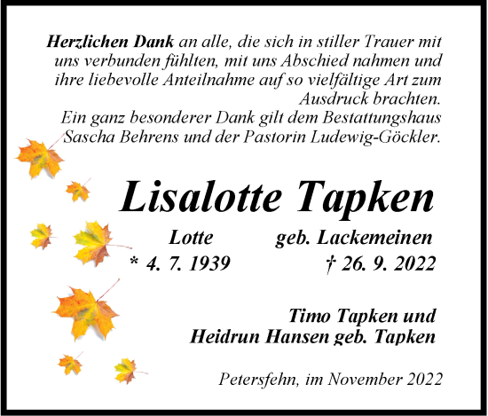 Traueranzeige von Lisalotte Tapken von Nordwest-Zeitung