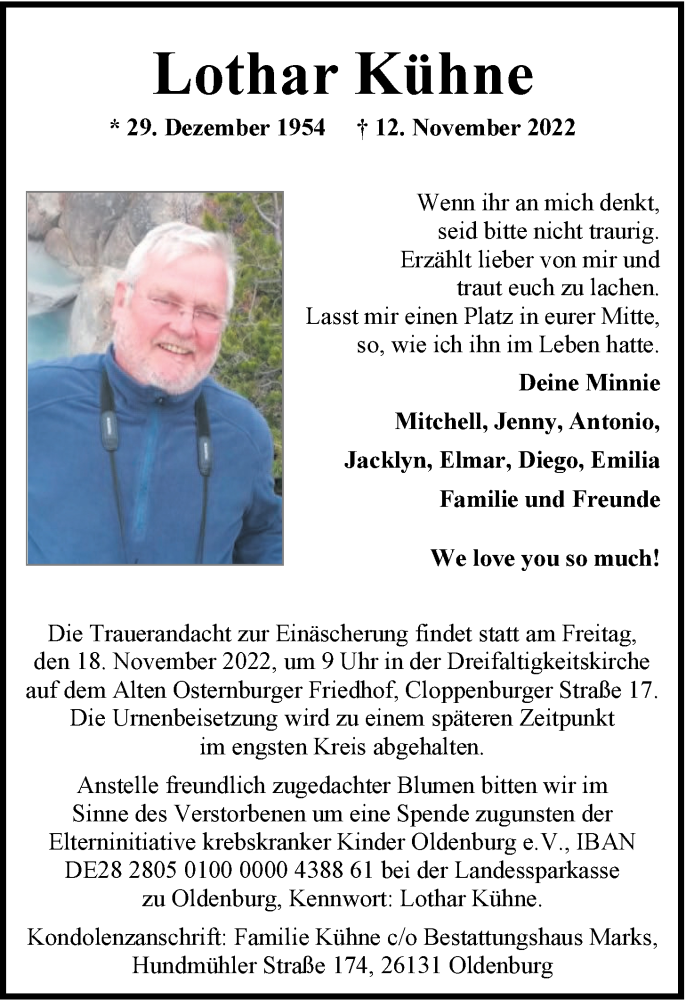  Traueranzeige für Lothar Kühne vom 16.11.2022 aus Nordwest-Zeitung