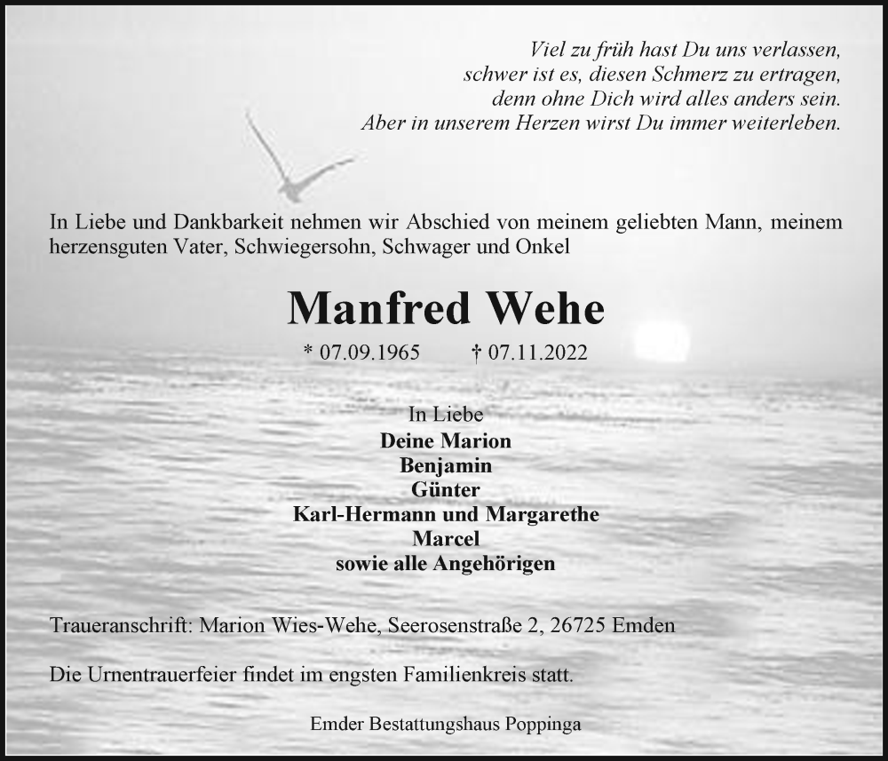  Traueranzeige für Manfred Wehe vom 12.11.2022 aus Emder Zeitung