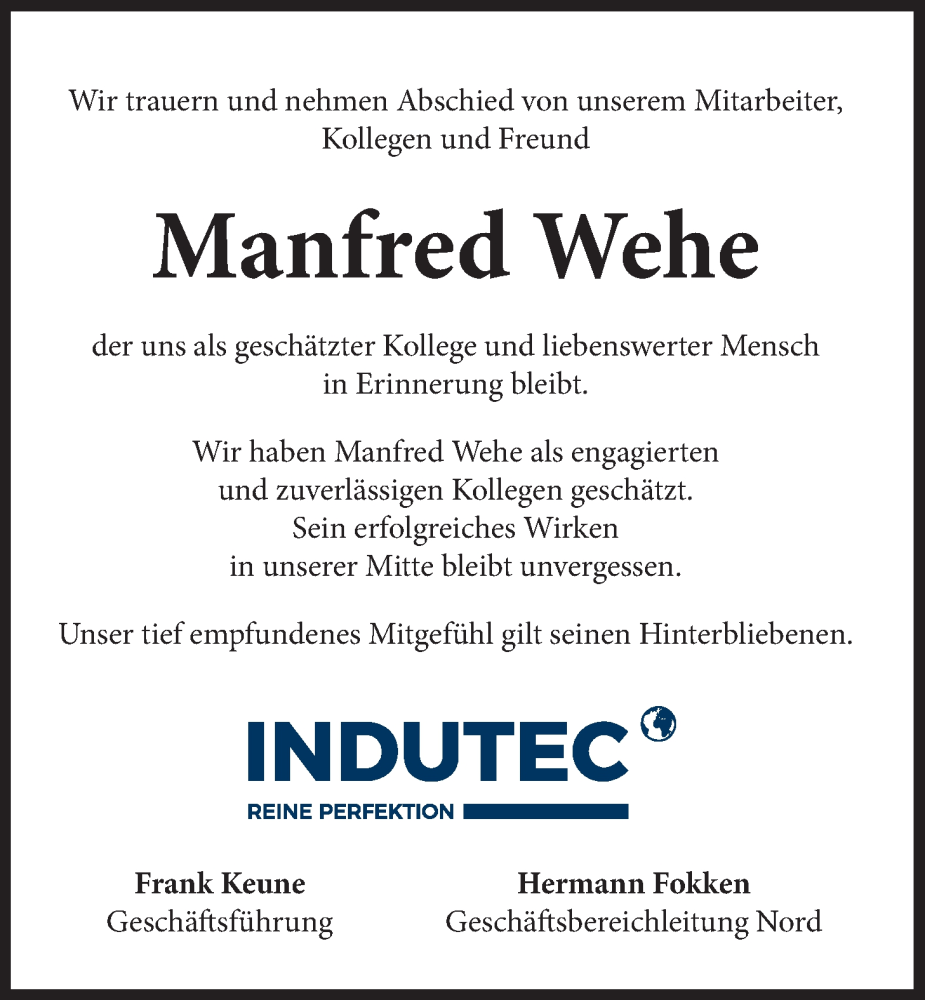  Traueranzeige für Manfred Wehe vom 15.11.2022 aus Emder Zeitung