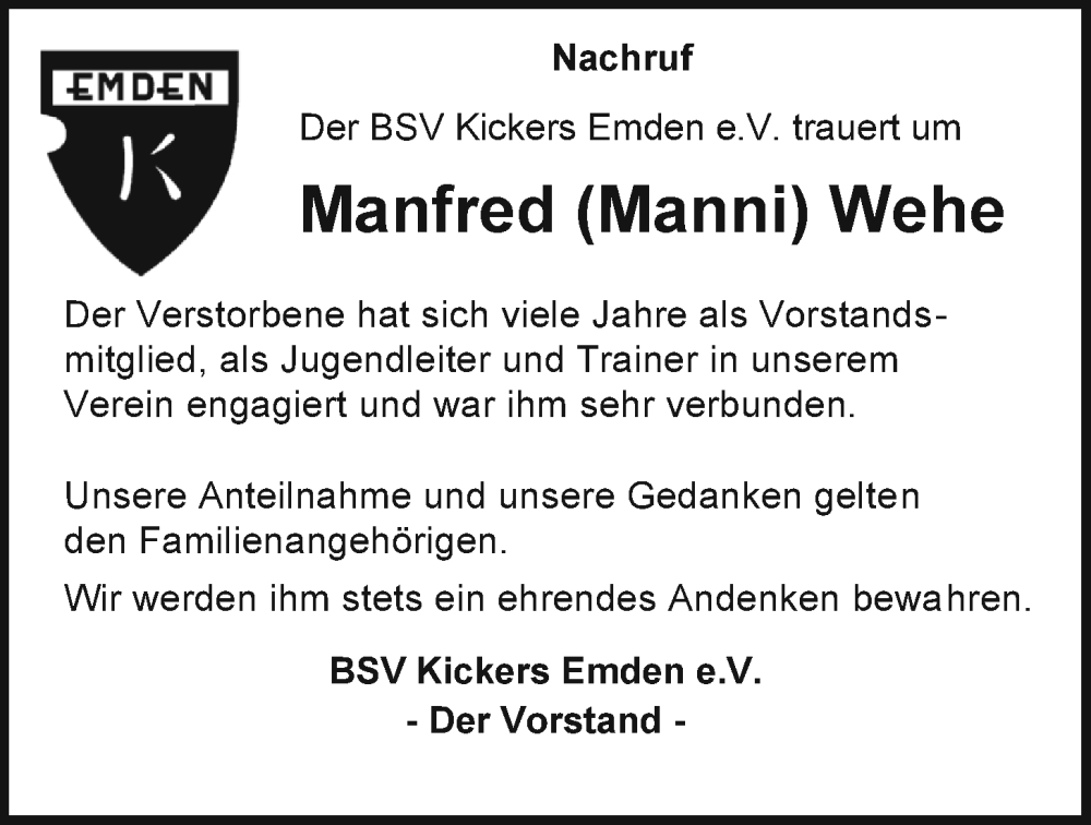  Traueranzeige für Manfred Wehe vom 15.11.2022 aus Emder Zeitung