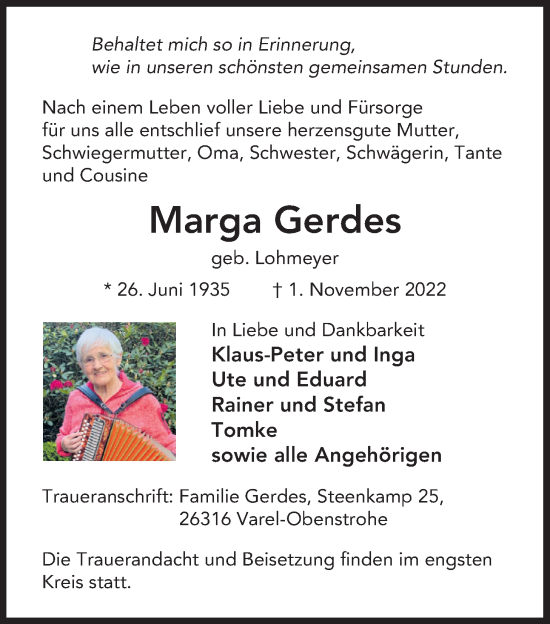 Traueranzeige von Marga Gerdes von Nordwest-Zeitung