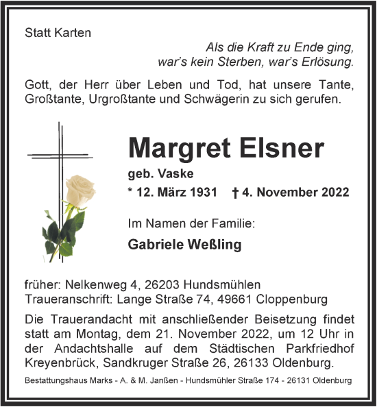 Traueranzeige von Margret Elsner von Nordwest-Zeitung