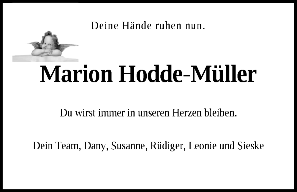  Traueranzeige für Marion Hodde-Müller vom 19.11.2022 aus Nordwest-Zeitung