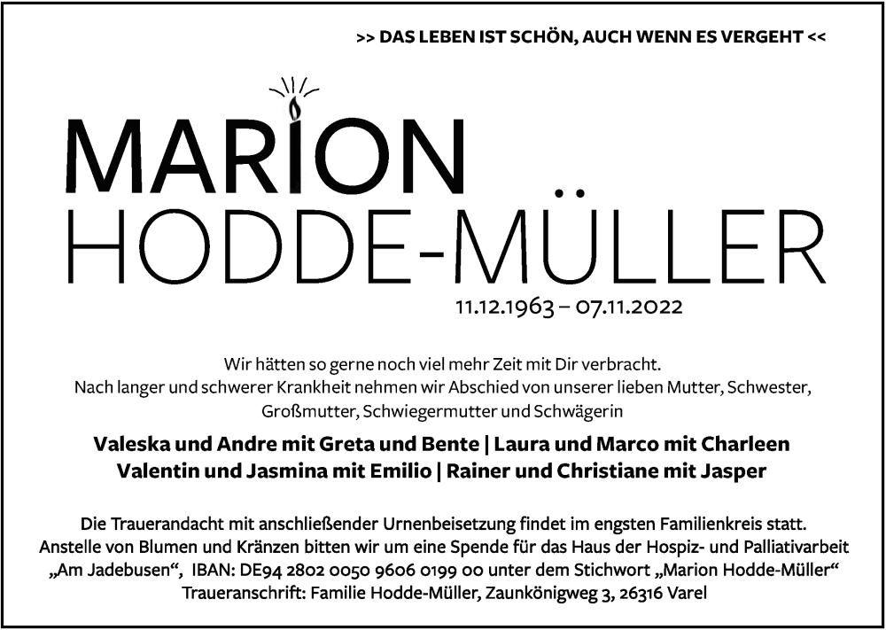  Traueranzeige für Marion Hodde-Müller vom 19.11.2022 aus Nordwest-Zeitung