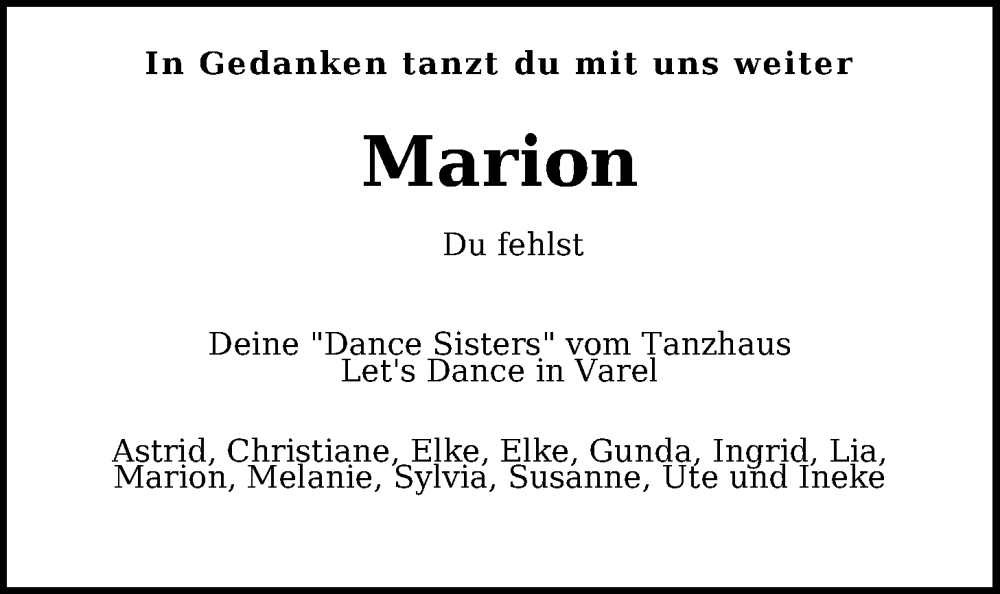  Traueranzeige für Marion Hodde-Müller vom 19.11.2022 aus Nordwest-Zeitung