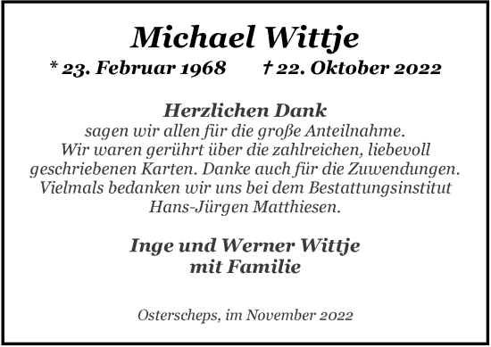 Traueranzeige von Michael Wittje von Nordwest-Zeitung