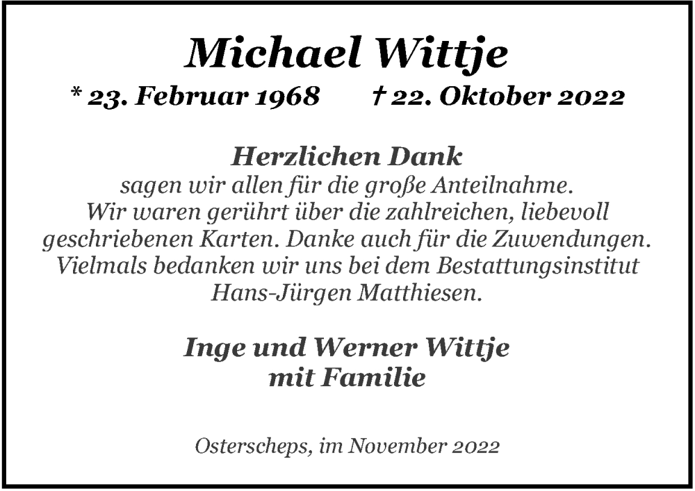 Traueranzeige für Michael Wittje vom 29.11.2022 aus Nordwest-Zeitung