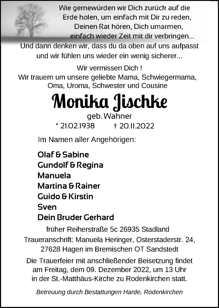  Traueranzeige für Monika Jischke vom 24.11.2022 aus Nordwest-Zeitung