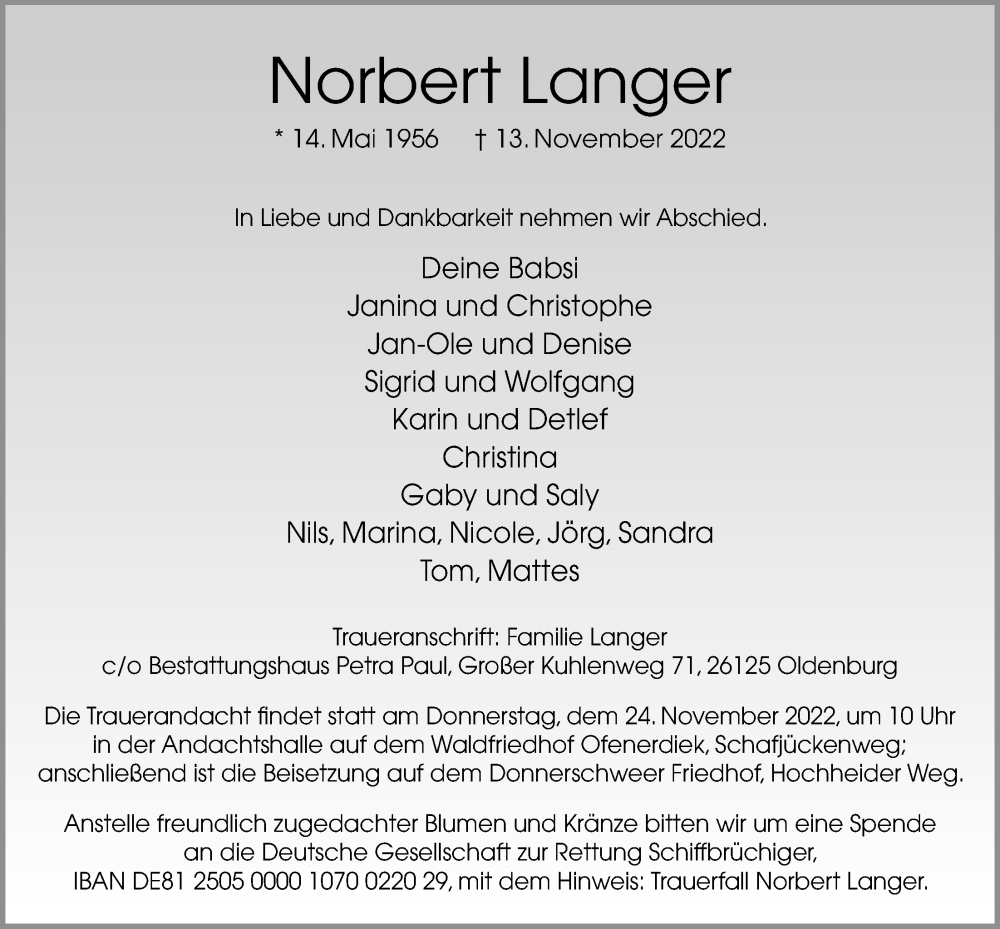  Traueranzeige für Norbert Langer vom 19.11.2022 aus Nordwest-Zeitung