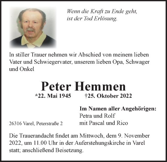 Traueranzeige von Peter Hemmen von Nordwest-Zeitung