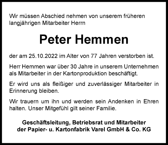 Traueranzeige von Peter Hemmen von Nordwest-Zeitung
