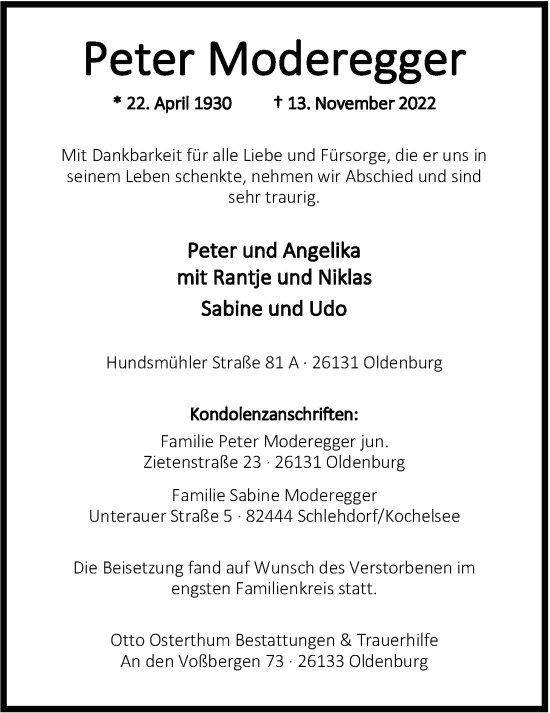 Traueranzeige von Peter Moderegger von Nordwest-Zeitung