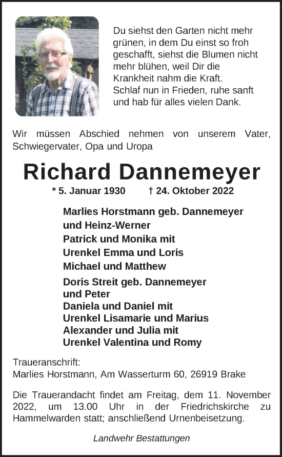 Traueranzeige von Richard Dannemeyer von Nordwest-Zeitung
