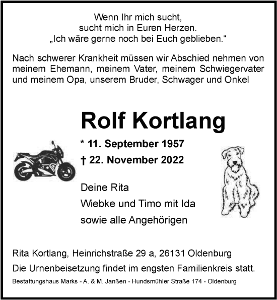 Traueranzeige von Rolf Kortlang von Nordwest-Zeitung