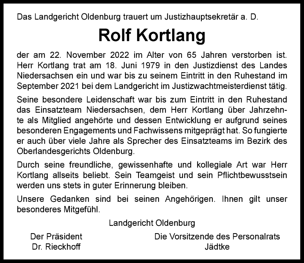  Traueranzeige für Rolf Kortlang vom 26.11.2022 aus Nordwest-Zeitung