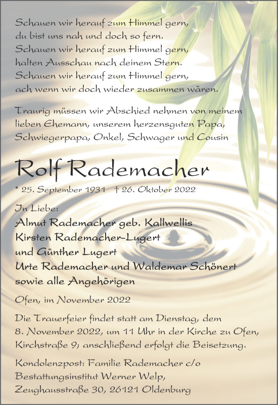 Traueranzeige von Rolf Rademacher von Nordwest-Zeitung