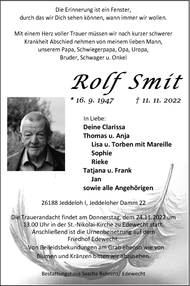  Traueranzeige für Rolf Smit vom 17.11.2022 aus Nordwest-Zeitung
