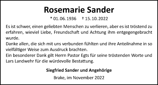 Traueranzeige von Rosemarie Sander von Nordwest-Zeitung