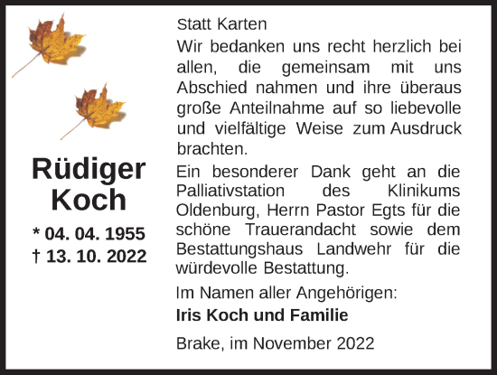 Traueranzeige von Rüdiger Koch von Nordwest-Zeitung