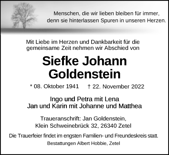 Traueranzeige von Siefke Johann Goldenstein von Nordwest-Zeitung