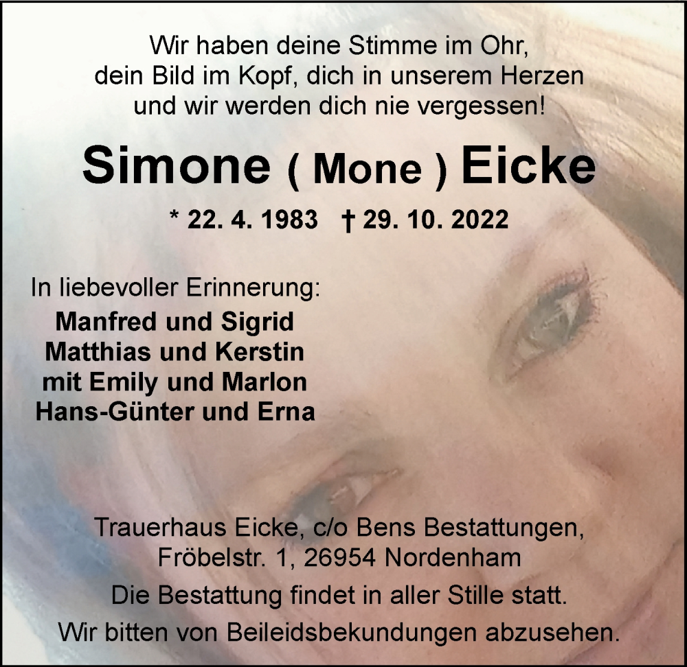  Traueranzeige für Simone Eicke vom 02.11.2022 aus Nordwest-Zeitung