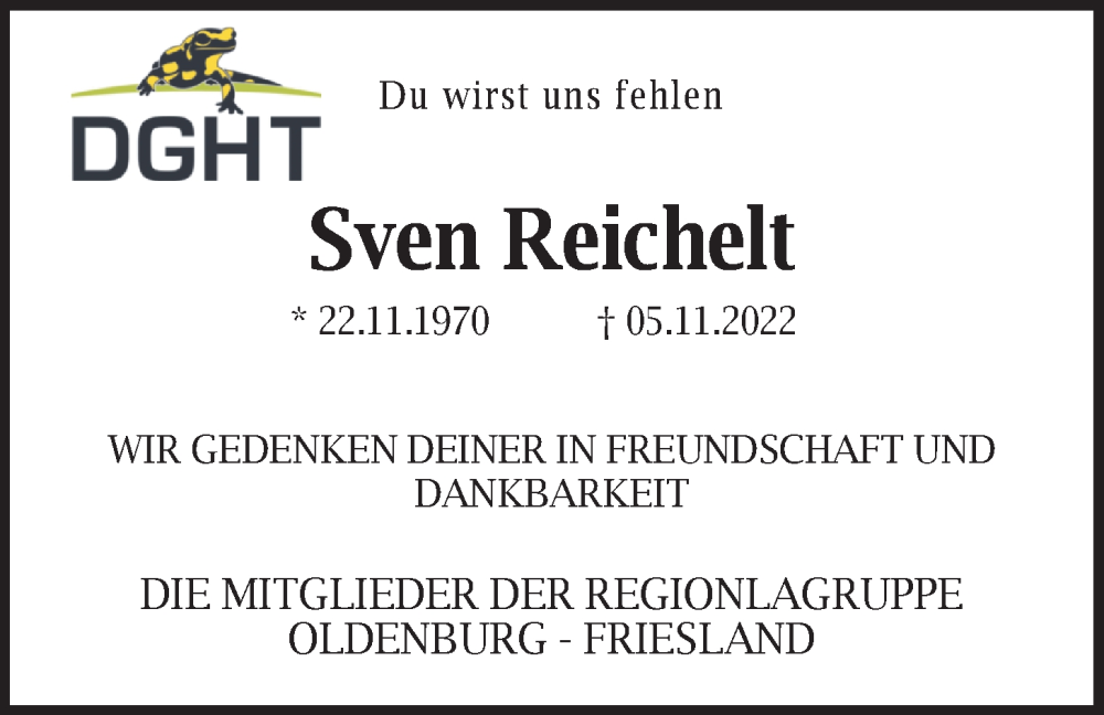  Traueranzeige für Sven Reichelt vom 15.11.2022 aus Nordwest-Zeitung