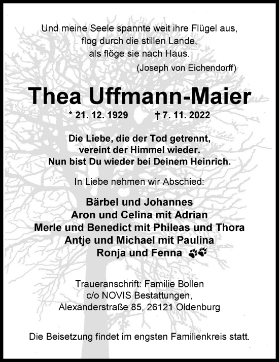 Traueranzeige von Thea Uffmann-Maier von Nordwest-Zeitung
