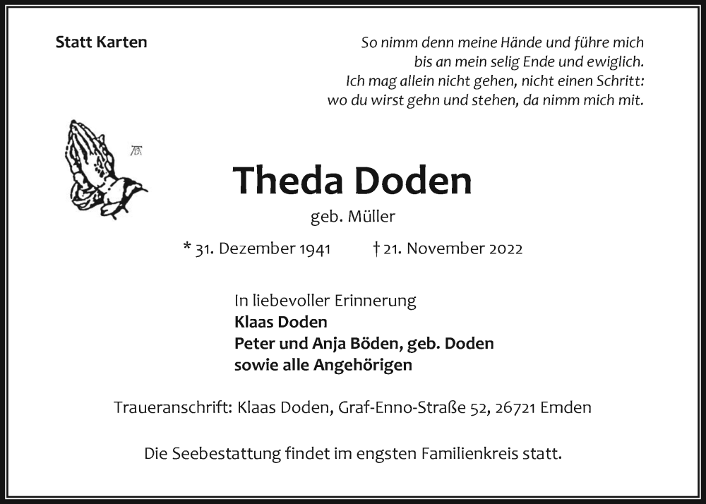  Traueranzeige für Theda Doden vom 24.11.2022 aus Emder Zeitung