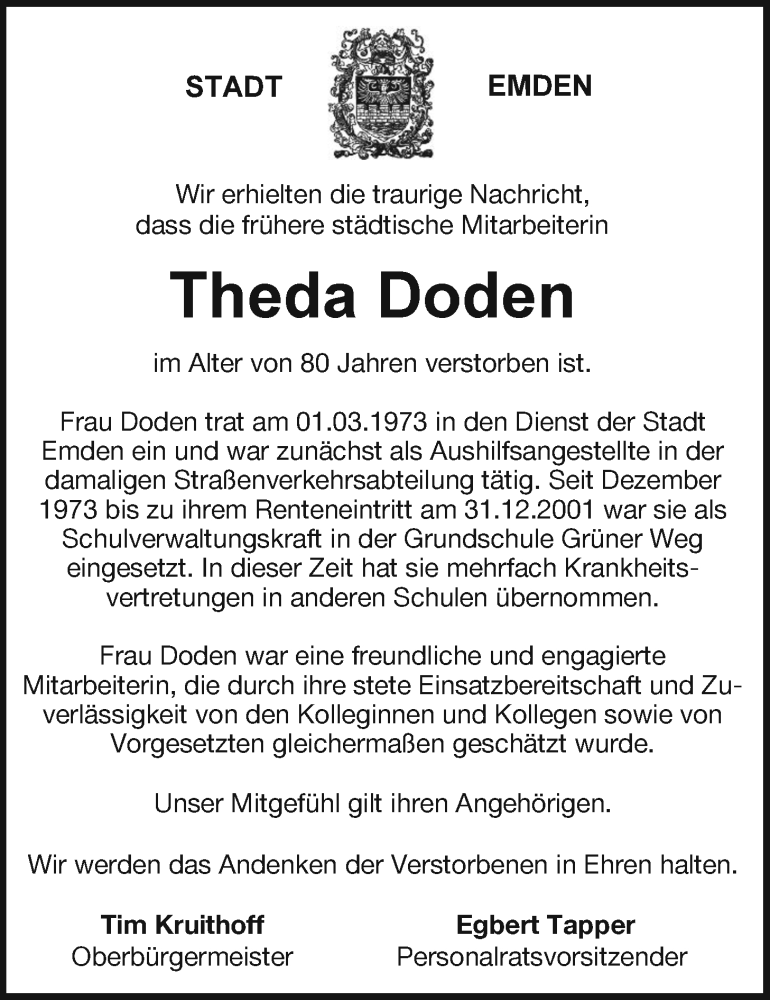  Traueranzeige für Theda Doden vom 25.11.2022 aus Emder Zeitung