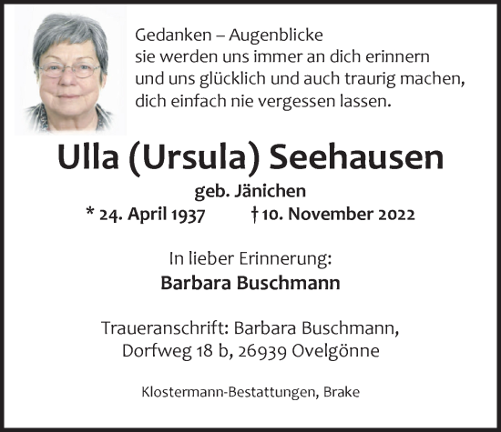 Traueranzeige von Ursula (Ulla) Seehausen von Nordwest-Zeitung
