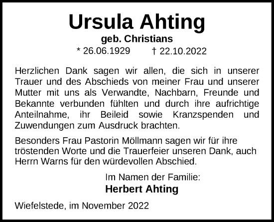 Traueranzeige von Ursula Ahting von Nordwest-Zeitung