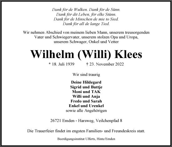 Traueranzeige von Wilhelm Klees von Emder Zeitung