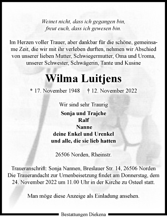 Traueranzeige von Wilma Luitjens von Emder Zeitung