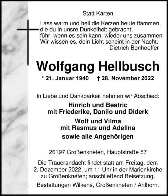Traueranzeige von Wolfgang Hellbusch von Nordwest-Zeitung