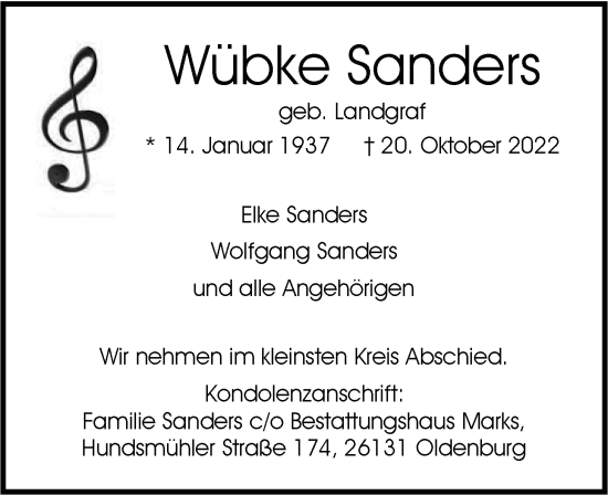 Traueranzeige von Wübke Sanders von Nordwest-Zeitung