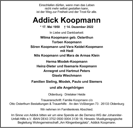 Traueranzeige von Addick Koopmann von Nordwest-Zeitung