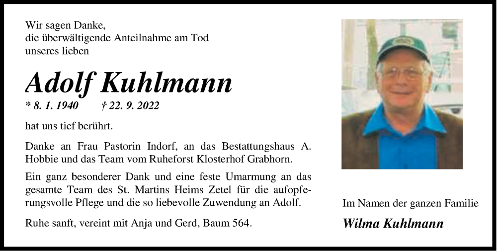  Traueranzeige für Adolf Kuhlmann vom 10.12.2022 aus Nordwest-Zeitung