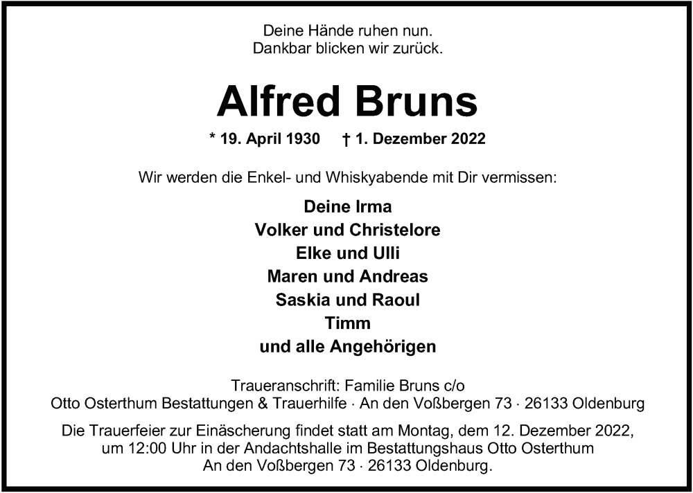  Traueranzeige für Alfred Bruns vom 09.12.2022 aus Nordwest-Zeitung