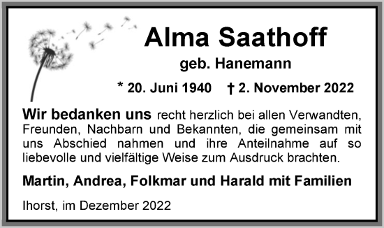 Traueranzeige von Alma Saathoff von Nordwest-Zeitung