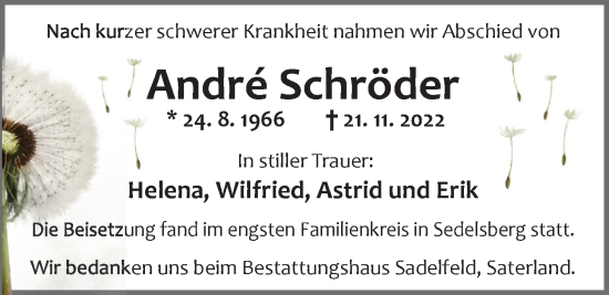 Traueranzeige von Andre Schröder von Nordwest-Zeitung