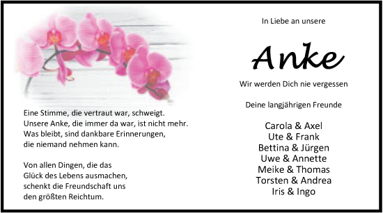 Traueranzeige von Anke Sanders von Nordwest-Zeitung