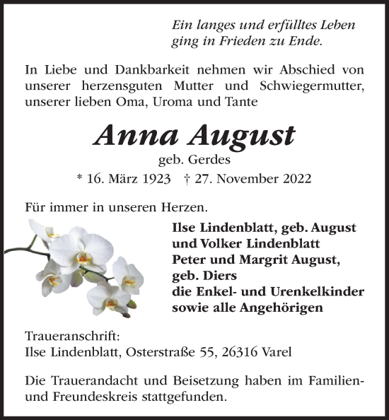 Traueranzeige von Anna August von Nordwest-Zeitung