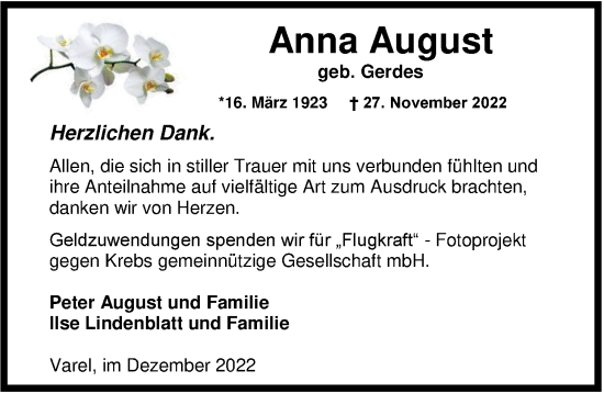 Traueranzeige von Anna August von Nordwest-Zeitung
