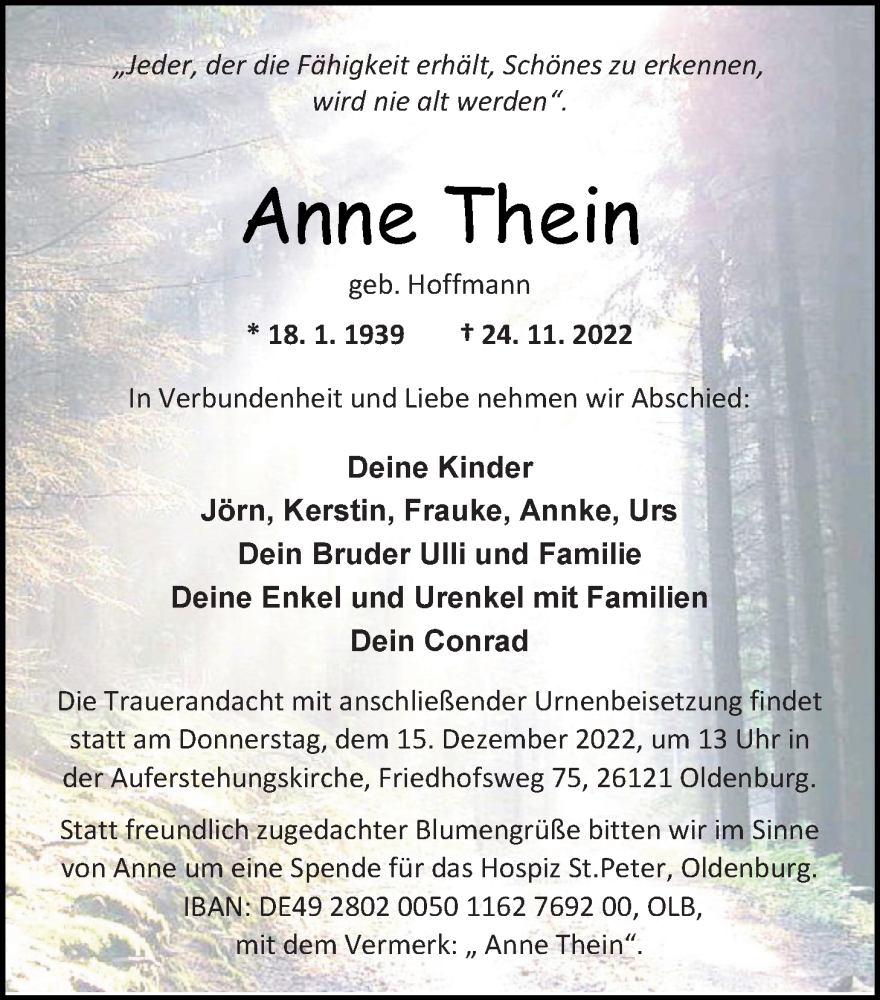  Traueranzeige für Anne Thein vom 10.12.2022 aus Nordwest-Zeitung